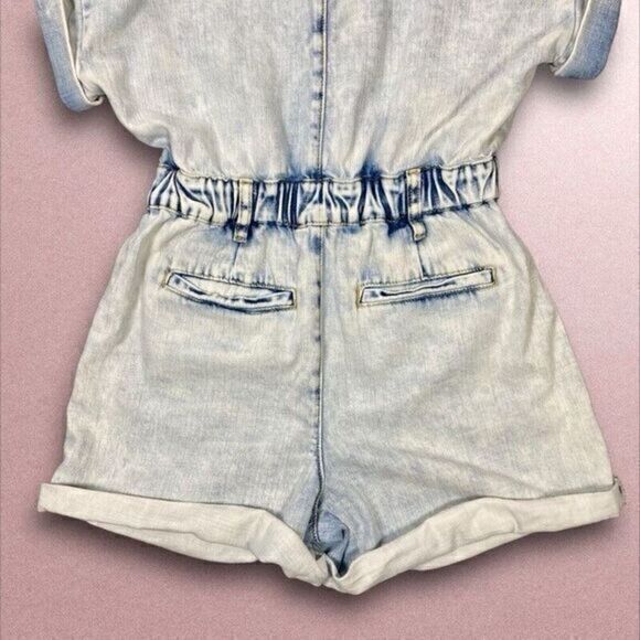 BlankNyc Rompers Womens Sz XS Acid Wash Blue Denim Short Sleeve Pockets Jumpsuit - Picture 6 of 12